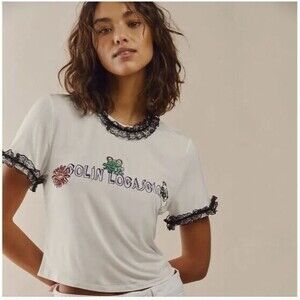 NWT Colin Locasio Tannie T-Shirt Embroidered Frog + Dog Lace Trim Size XS